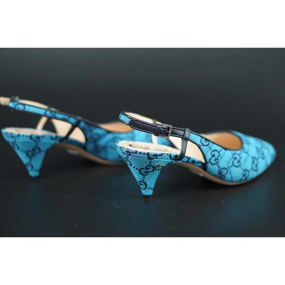 Gucci Charlotte Blue Canvas GG Strap Pointed Toe Slingback Pumps Size 37 $695 - Picture 5 of 12